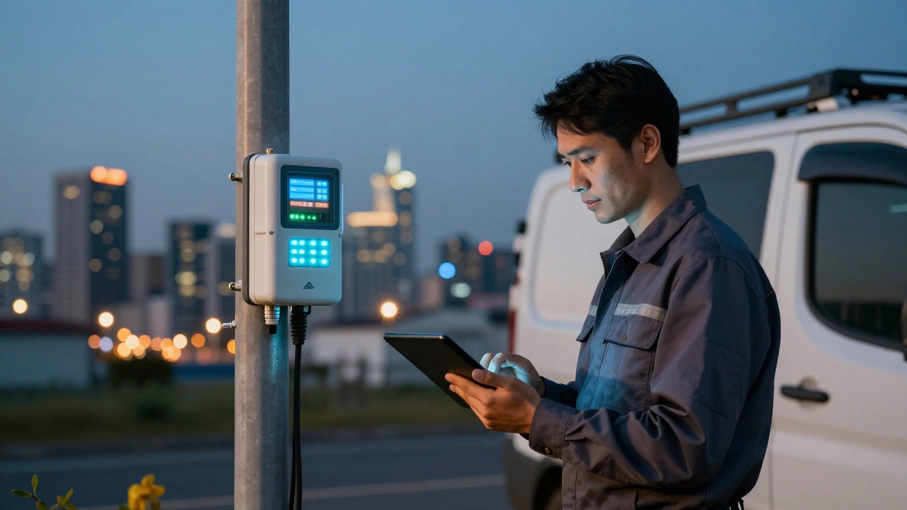 An electrician checking a smart grid meter at dusk near a city skyline.