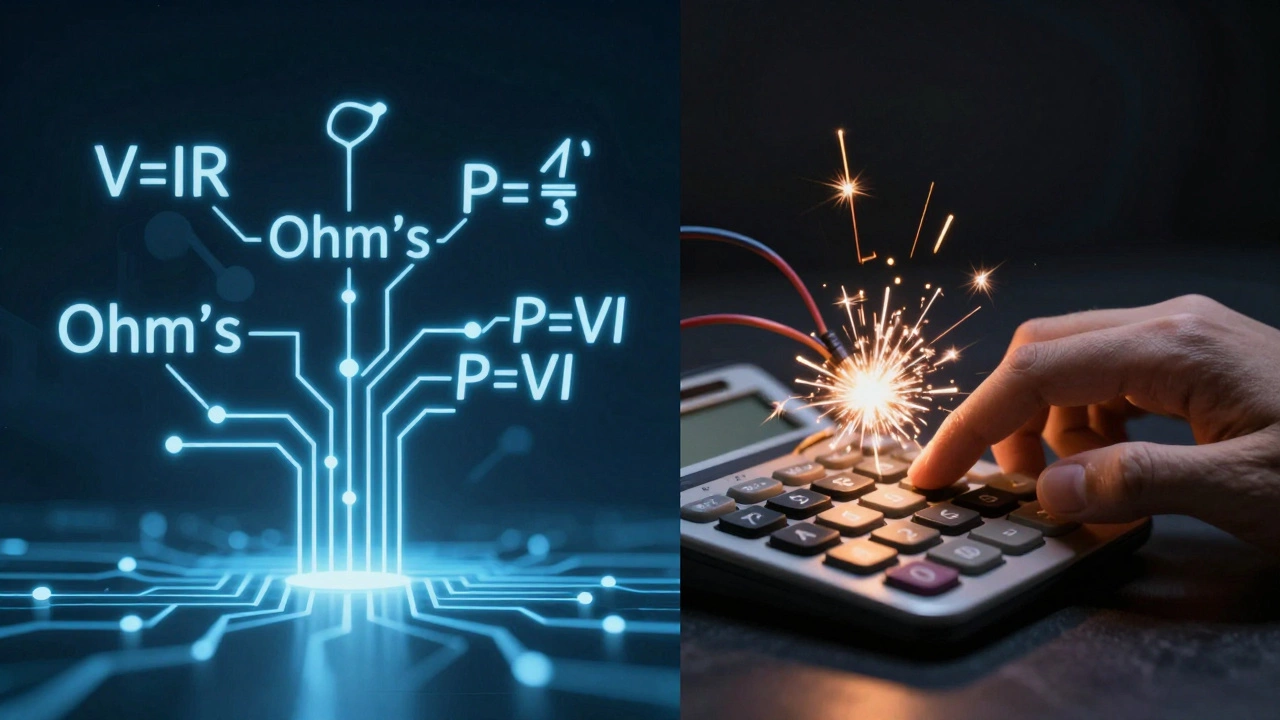 Conceptual split image: electrical formulas and calculator beside a sparking overloaded wire.