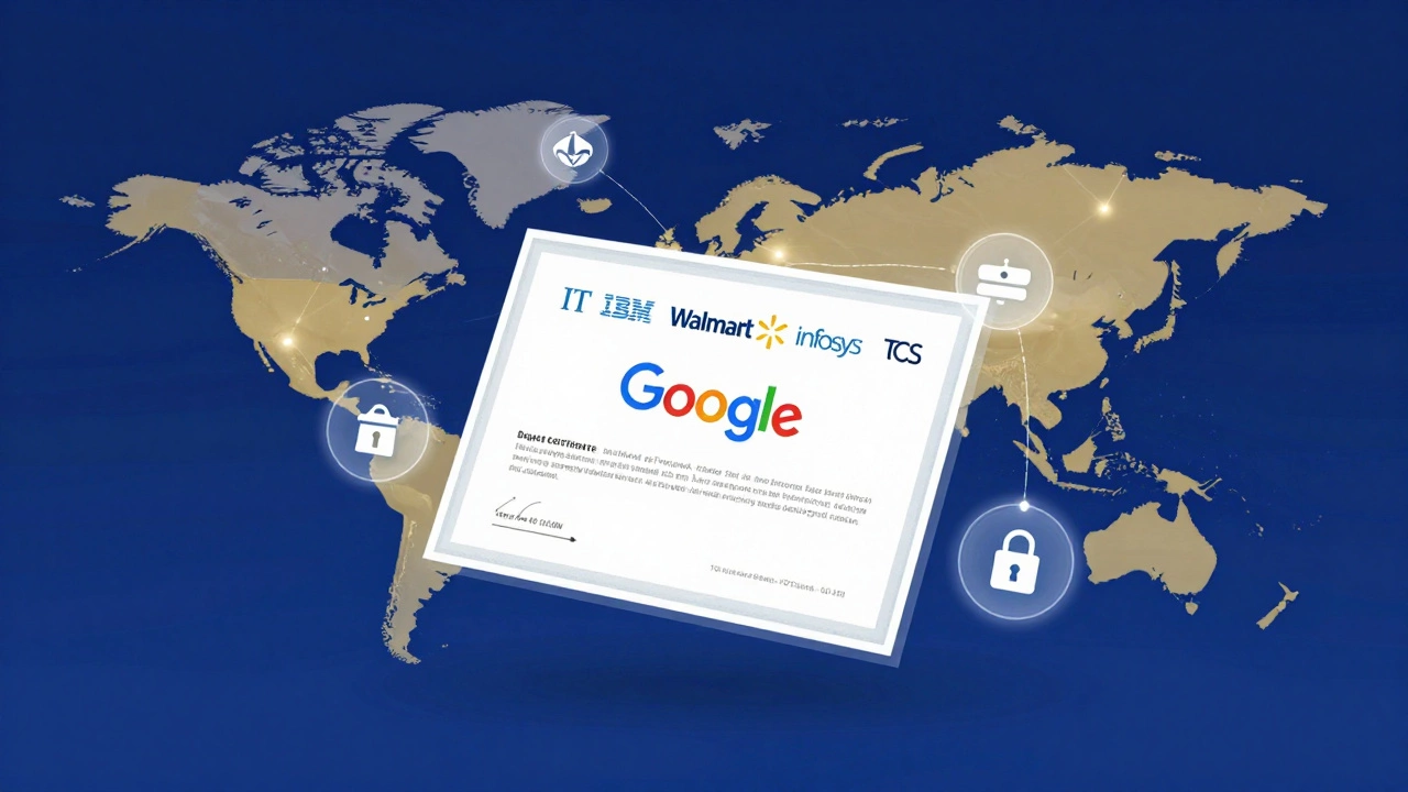 Digital Google Career Certificate with tech field icons and global company logos floating in a gradient blue-gold background.