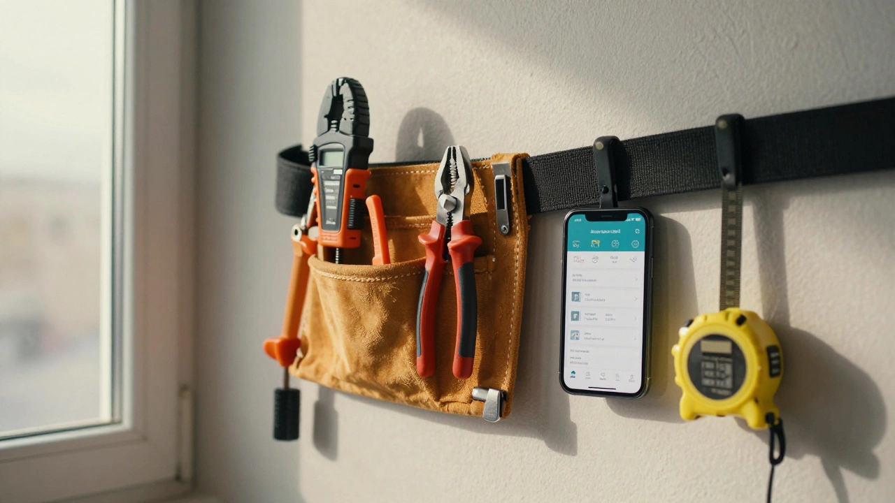 Electrician's tool belt with multimeter, wire strippers, tape measure, and smartphone calculation app.