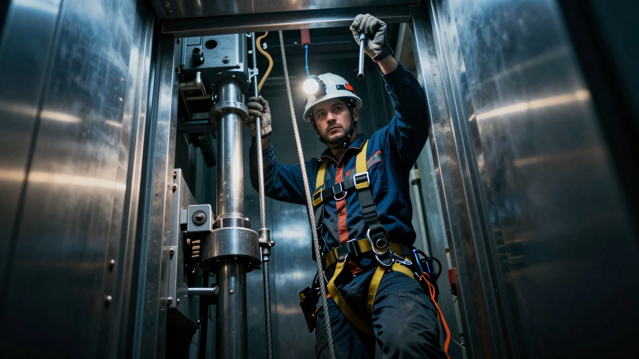 Elevator mechanic working inside a narrow shaft with safety gear.