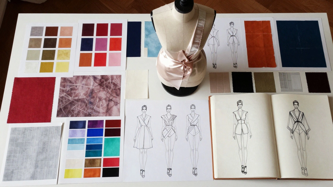 Overhead view of fashion design portfolio materials and sketches.