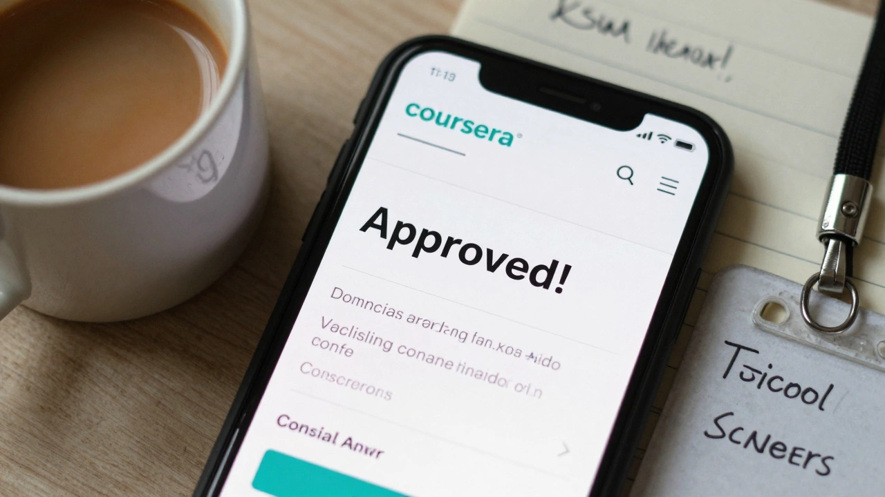 Smartphone screen showing 'Approved!' for a Coursera financial aid application with everyday items nearby.