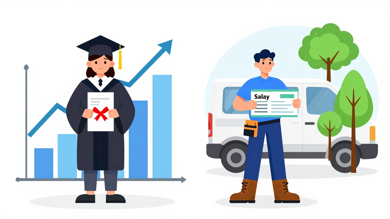 Split image contrasting college debt with a tradesperson earning a high salary and career growth.