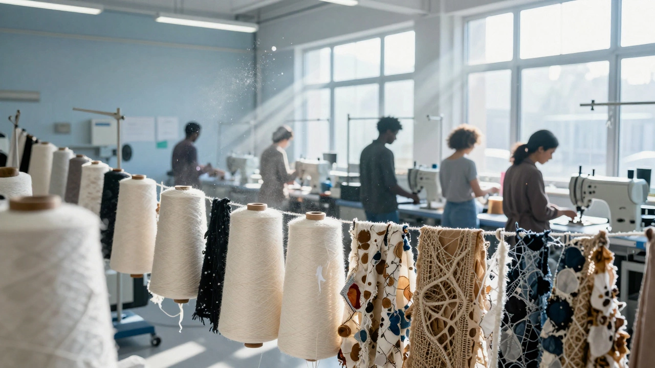 Sustainable textile studio with designers collaborating in sunlight.