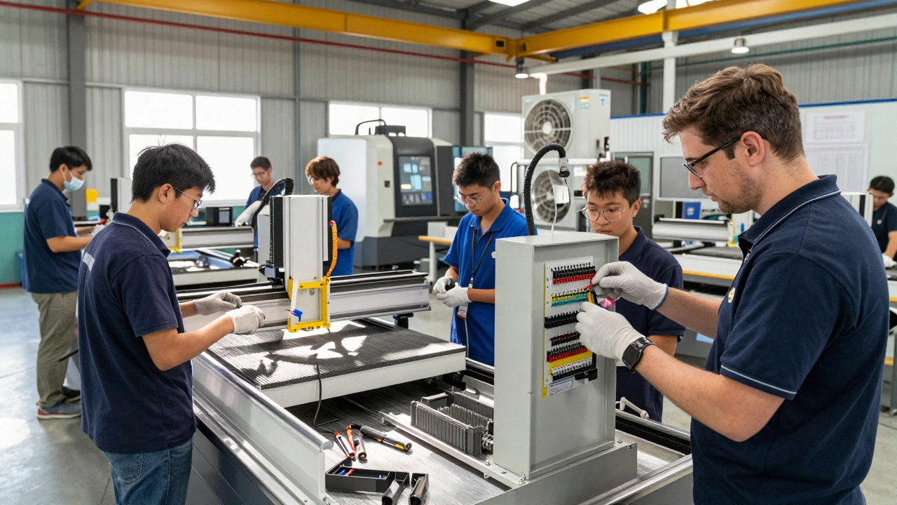Trainees working hands-on with tools and machinery in a modern industrial workshop.