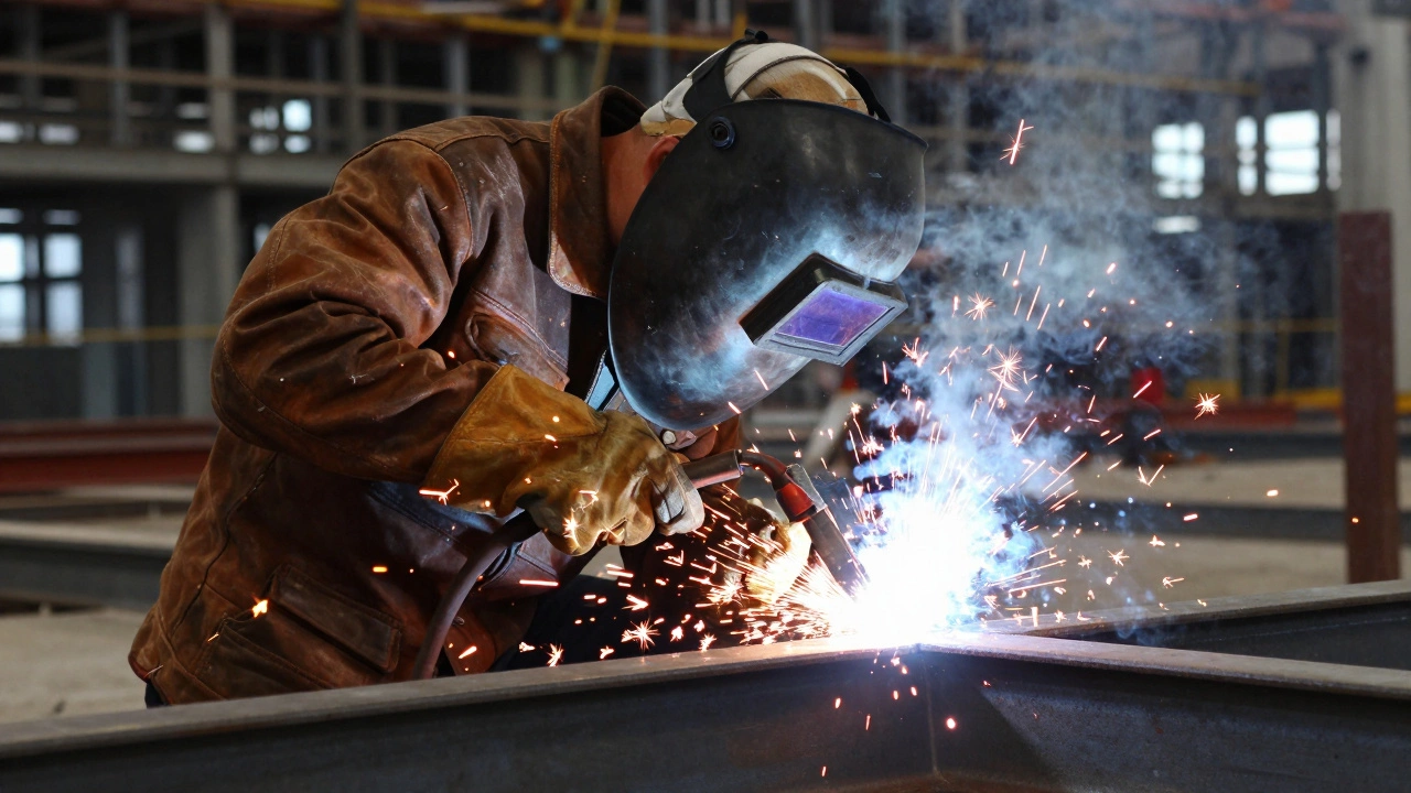Welder joining steel beams with bright sparks flying in workshop.