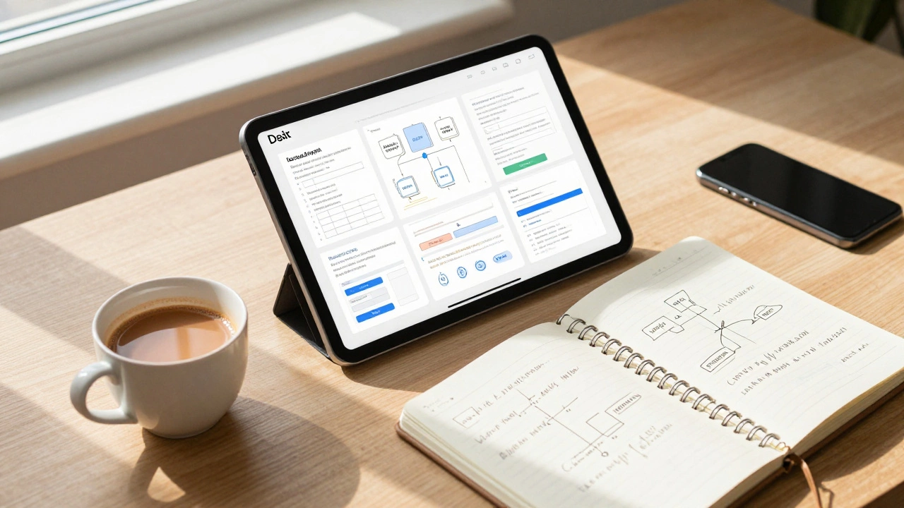 A desk with a UX design prototype on a tablet and a notebook, representing a student's portfolio work.