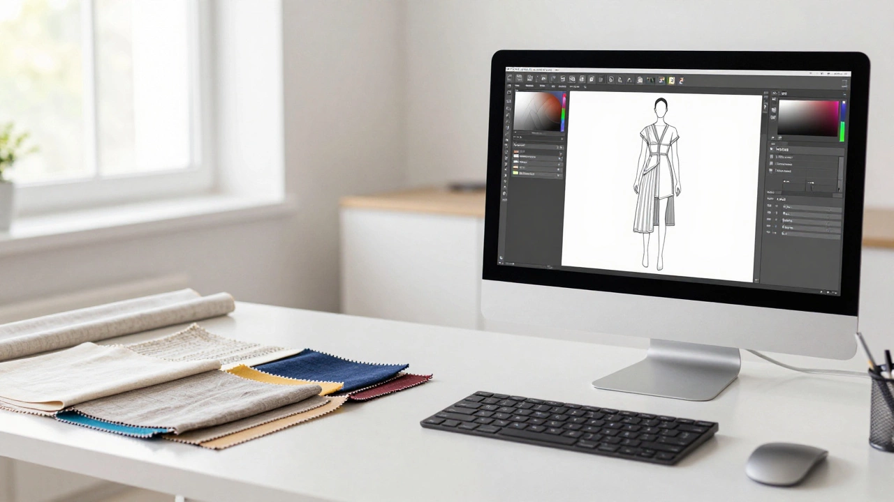 A split view of a 3D digital fashion garment on a screen and physical textile swatches.