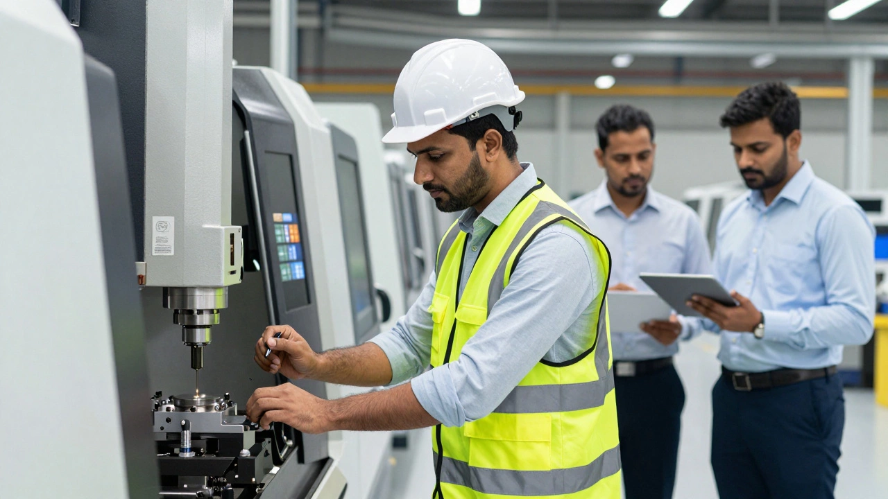 A technical junior engineer operating machinery while a manager oversees a project in a factory.
