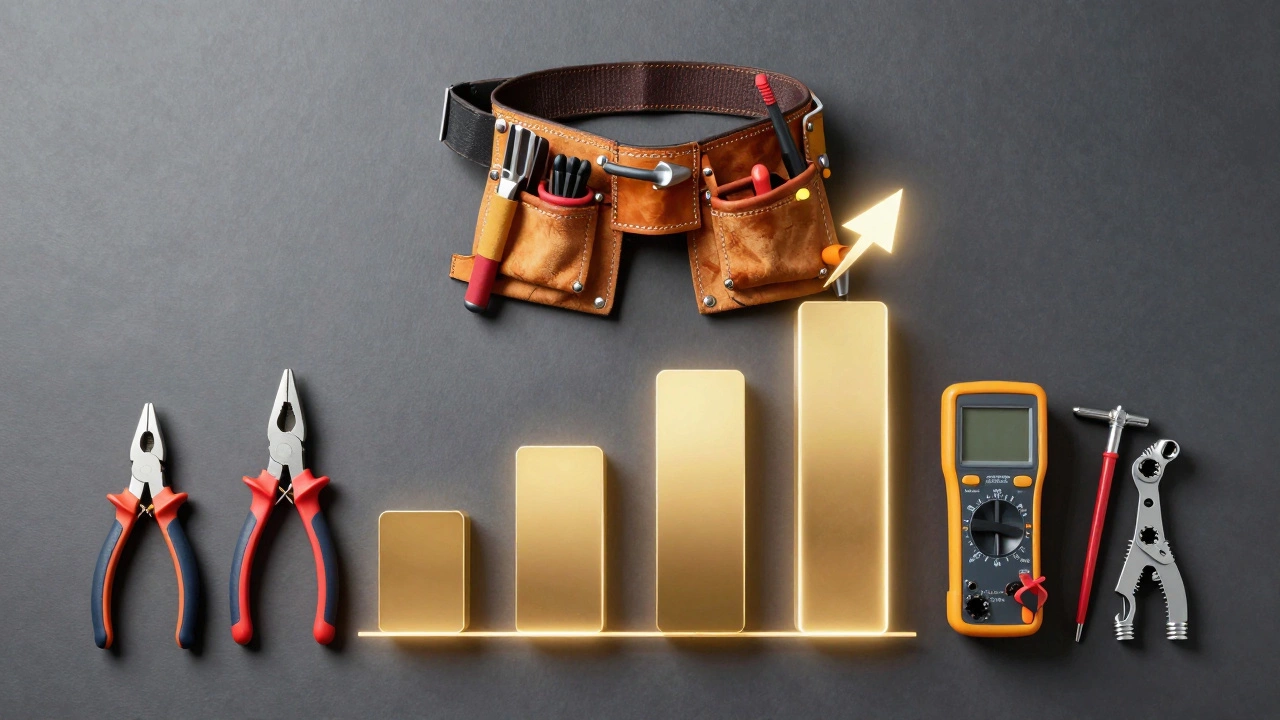 A tool belt and electrical tools arranged to show career growth and pay progression.