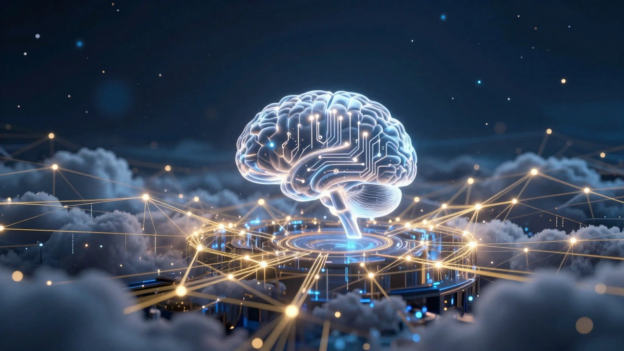 Abstract visualization of neural networks and cloud computing infrastructure representing AI and ML.