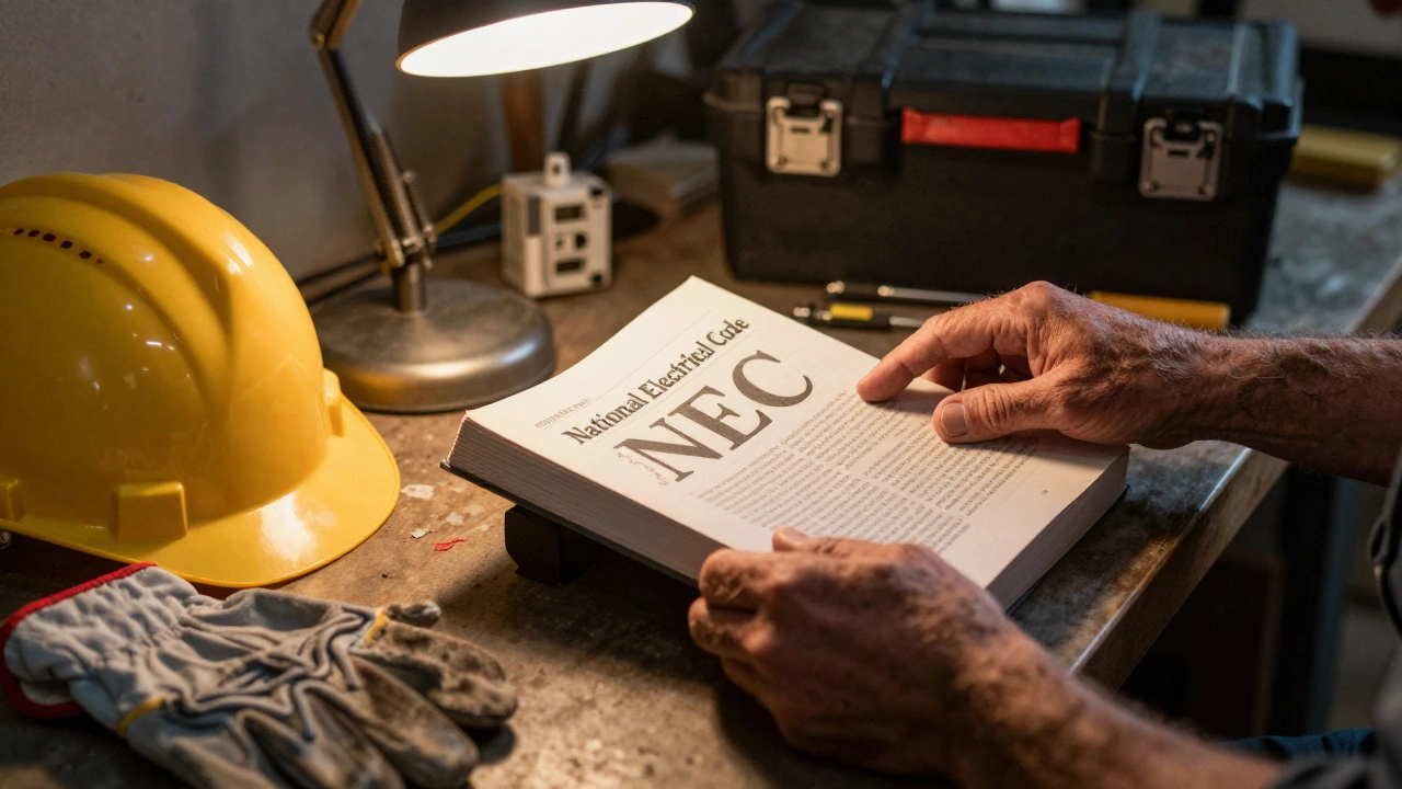 Close-up of an electrician's hands studying the National Electrical Code book.