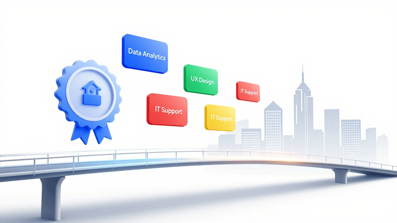 Conceptual 3D art showing a glowing bridge connecting digital certificates to a corporate city skyline.