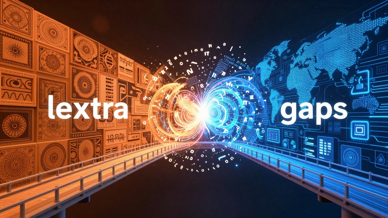 Conceptual art of Hindi and English scripts merging into a digital vortex.