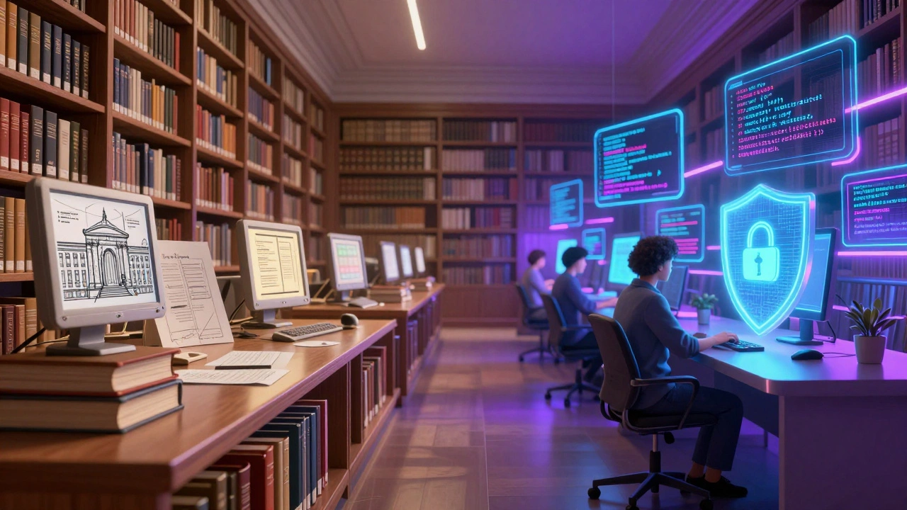 Conceptual art showing the transition from university degrees to specialized tech skills like cybersecurity.