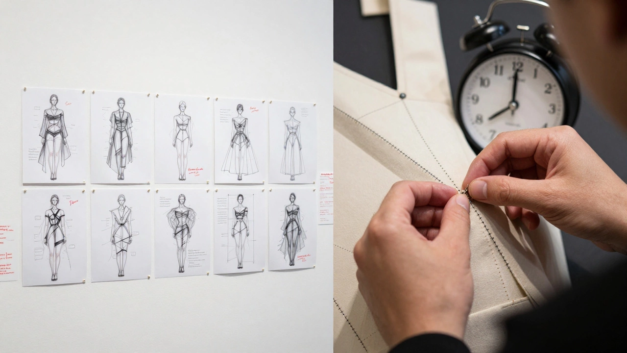 Fashion sketches on a wall with critiques next to a close-up of hand-stitching a bodice.