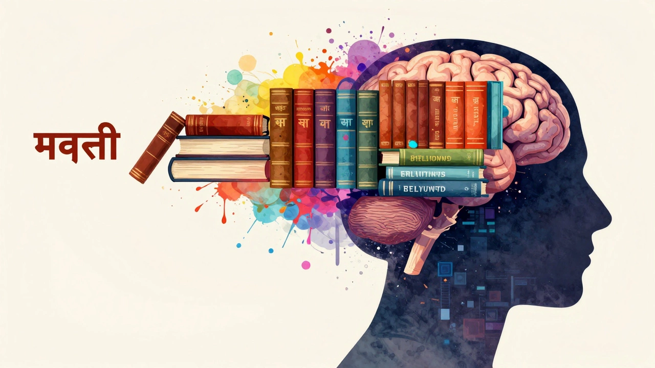 Illustration of a human profile with a brain merging two different languages.