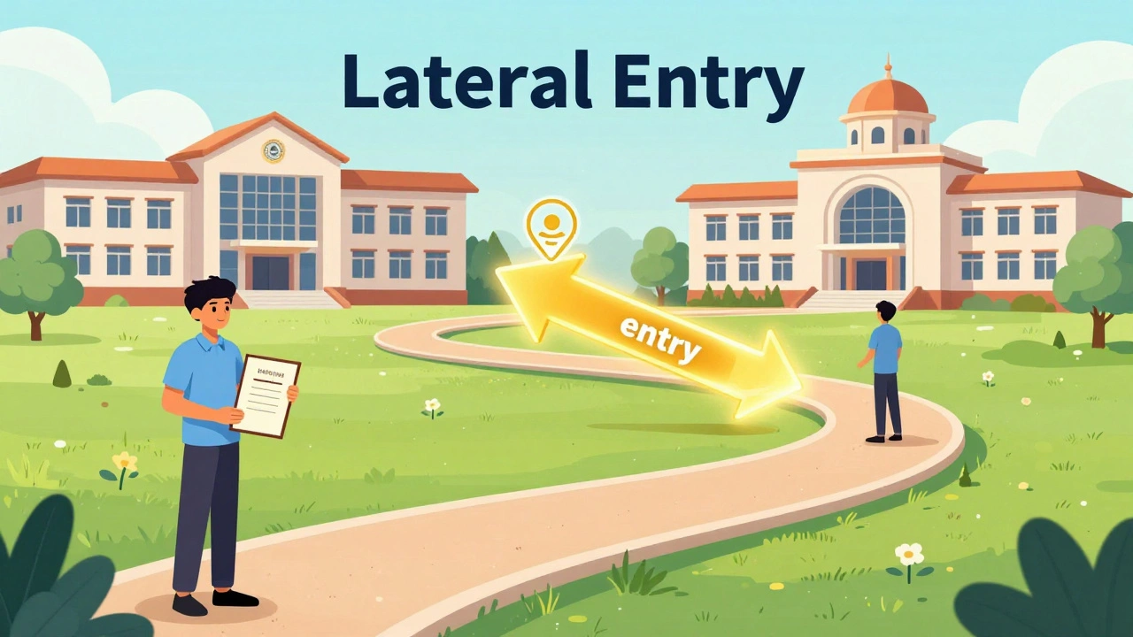 Illustration of a student using a diploma to enter a degree program via a lateral entry path.