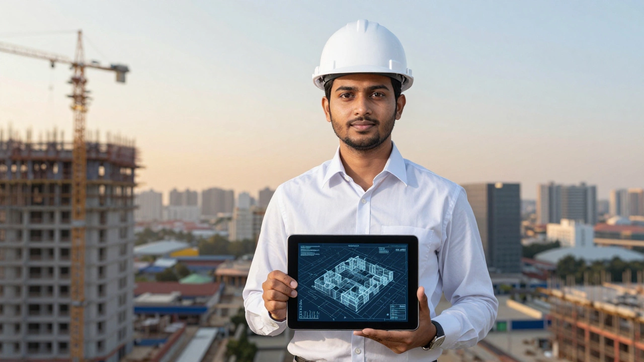 Young Indian professional with a hard hat and tablet at a construction site
