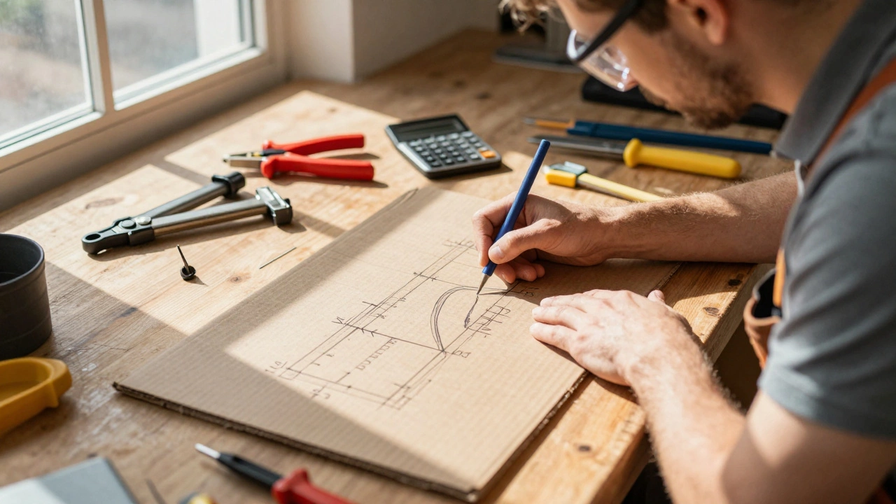 Apprentice electrician sketching conduit bend calculations on a workbench