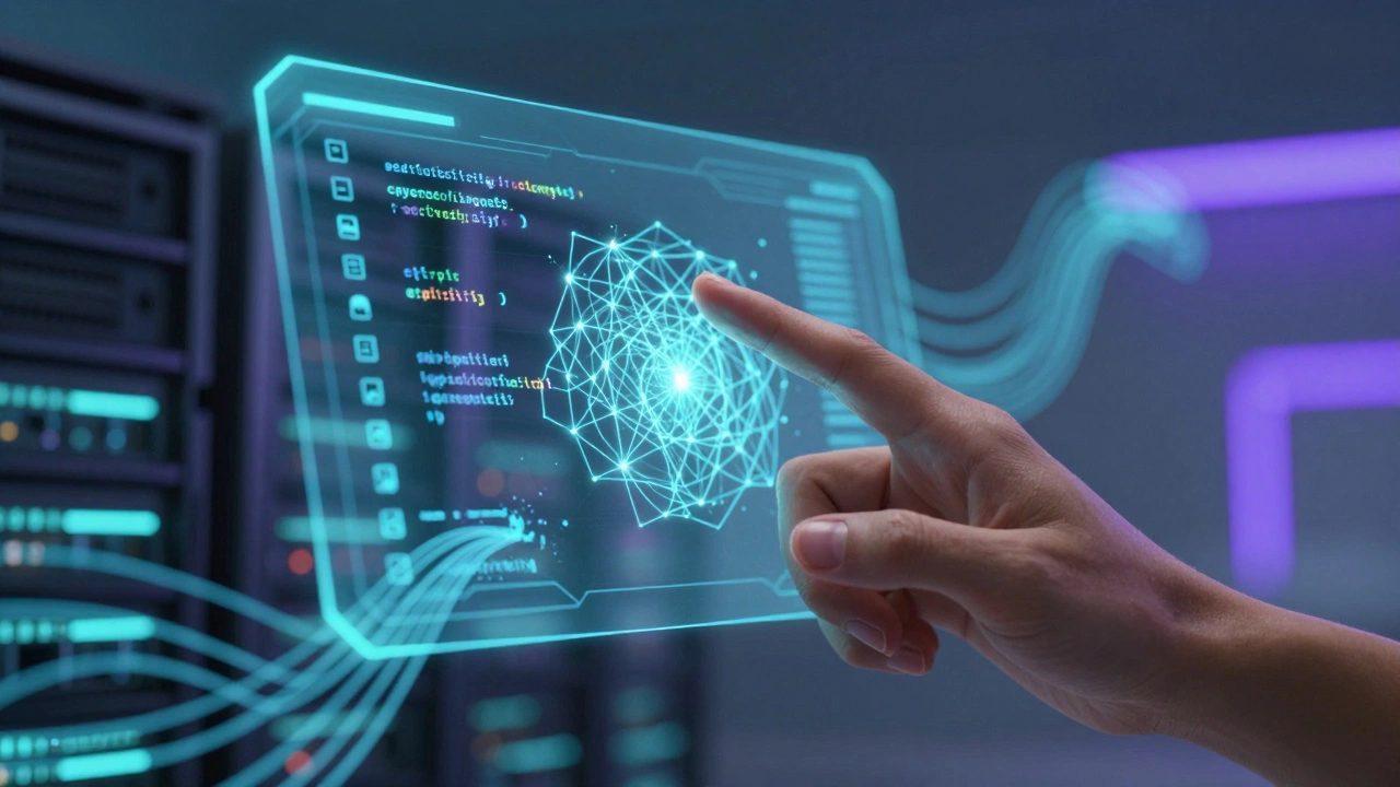 Close-up of a hand interacting with a holographic AI interface processing educational data efficiently.