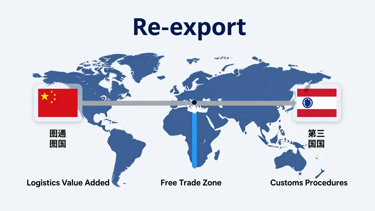 Diagram showing Re-export flow from manufacturer to hub to third country.