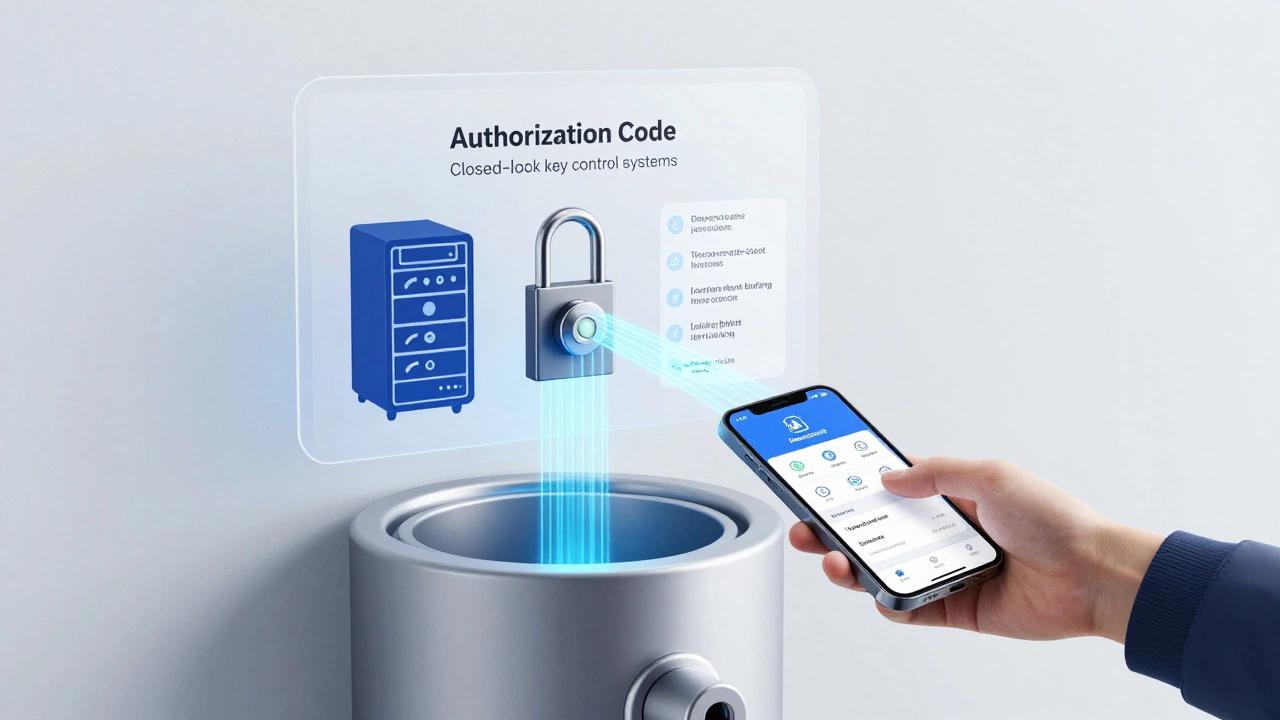 Digital illustration of a lock connected to a secure authorization code portal.