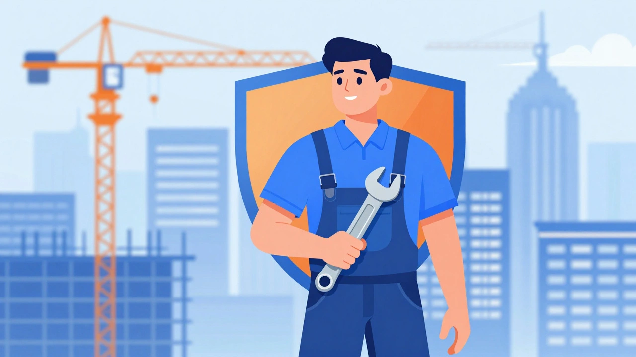 Illustration of plumber with insurance shield against city backdrop