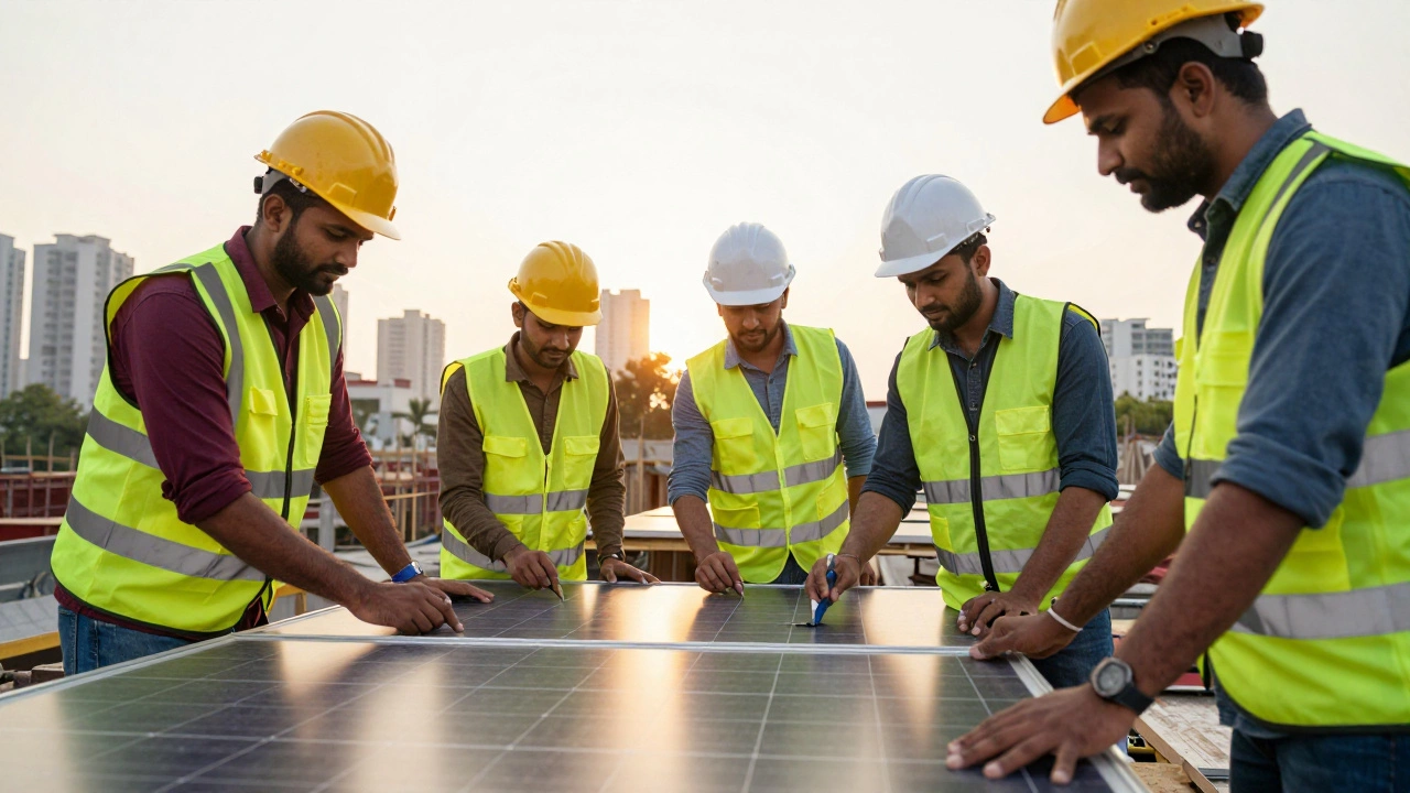 Indian apprentices collaborating on electrical installation work at a sunny construction site.