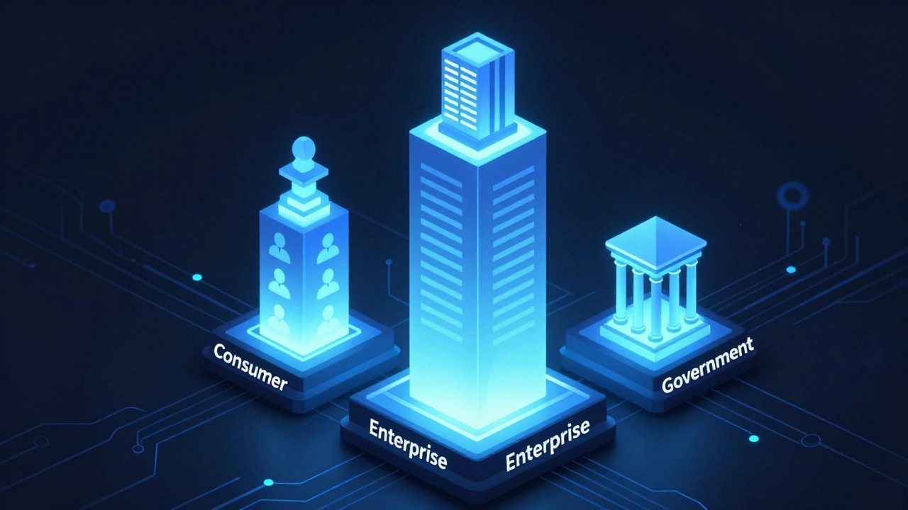 Isometric 3D graphic showing three glowing pillars representing consumer, enterprise, and government revenue.