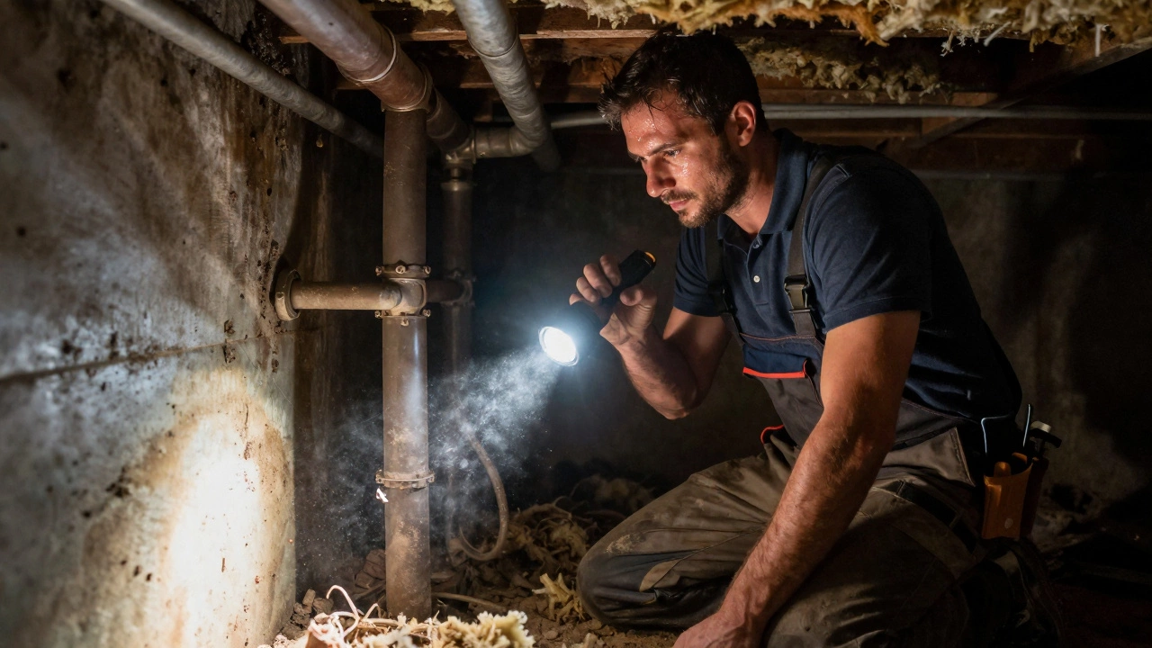 Plumber working in a dark, cramped crawl space with flashlight