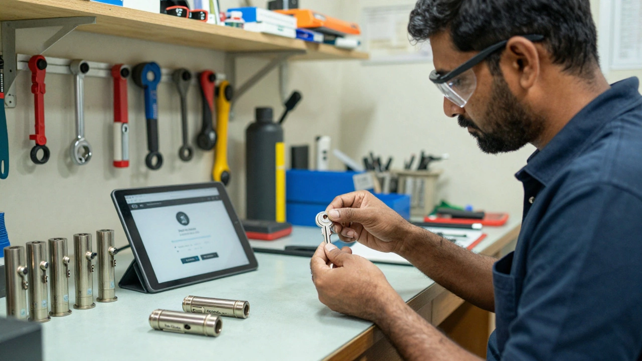 Professional locksmith handling restricted keys and checking a secure tablet in a workshop.