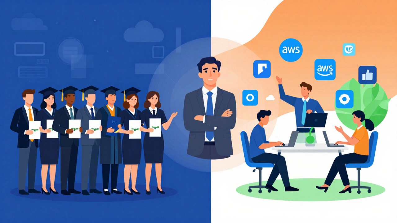Split view comparing traditional degree hires vs skill-based tech jobs