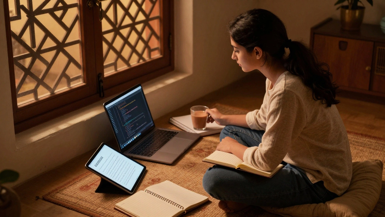 Student studying consistently at home with laptops and journals in a warm Indian setting.