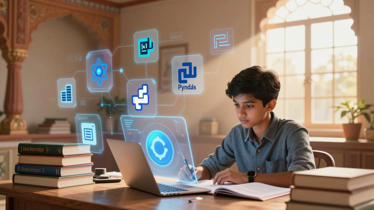 Student studying tech skills with floating code and data icons in a modern room.