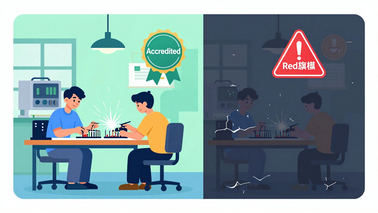 Vector illustration comparing accredited workshops with outdated training facilities.