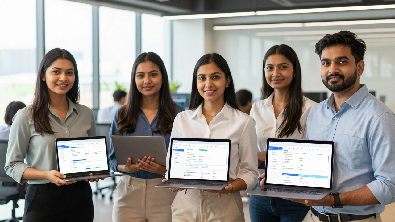Young Indian tech professionals celebrating career success in a modern office.