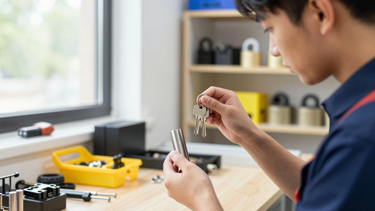 Apprentice locksmith examining a practice lock cylinder with decoding tools