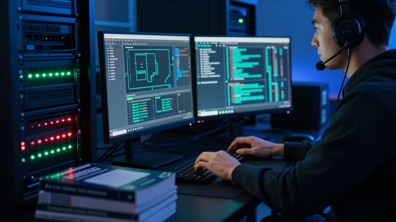 Cybersecurity analyst monitoring network data on glowing screens in a dark, atmospheric server room.