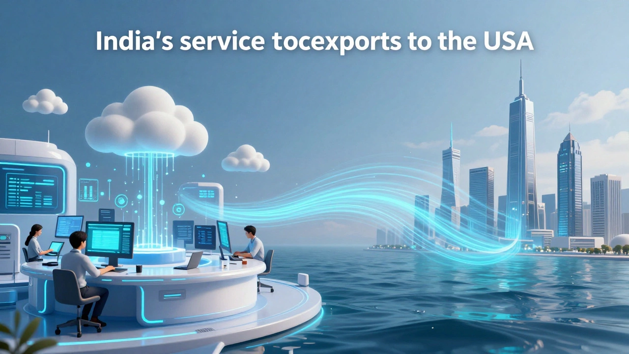 Digital art showing Indian tech hubs sending data streams to US skyscrapers