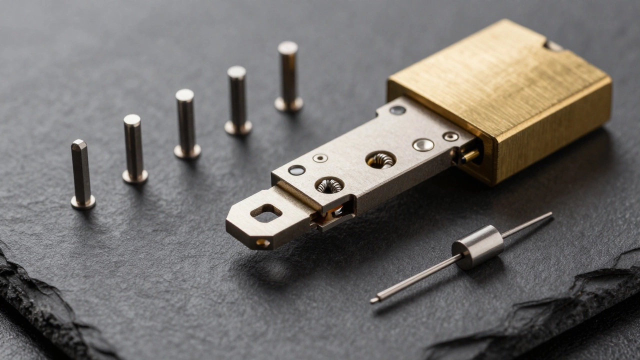 Disassembled pin tumbler lock parts and decoder tools on a dark surface