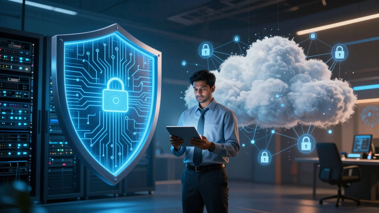 Engineer standing between a security shield and cloud computing symbols in a tech setting