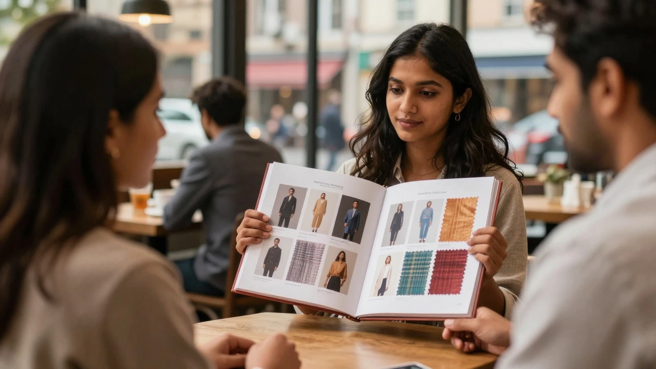 Fashion designer presenting a physical portfolio book to a client