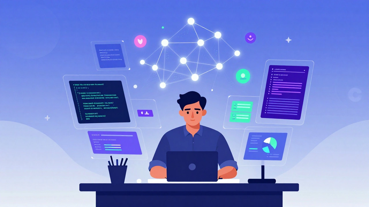 Illustration of a data scientist surrounded by floating AI and data visualization graphics