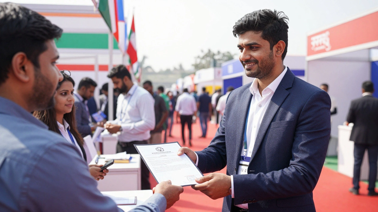 Indian exporter handing trade documents to foreign buyer at international trade fair