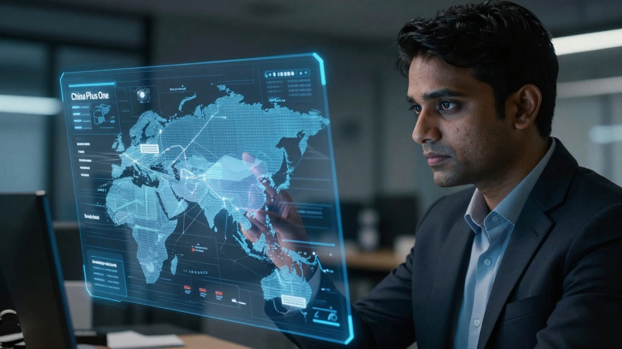 Manager analyzing holographic trade map showing complex global supply chains