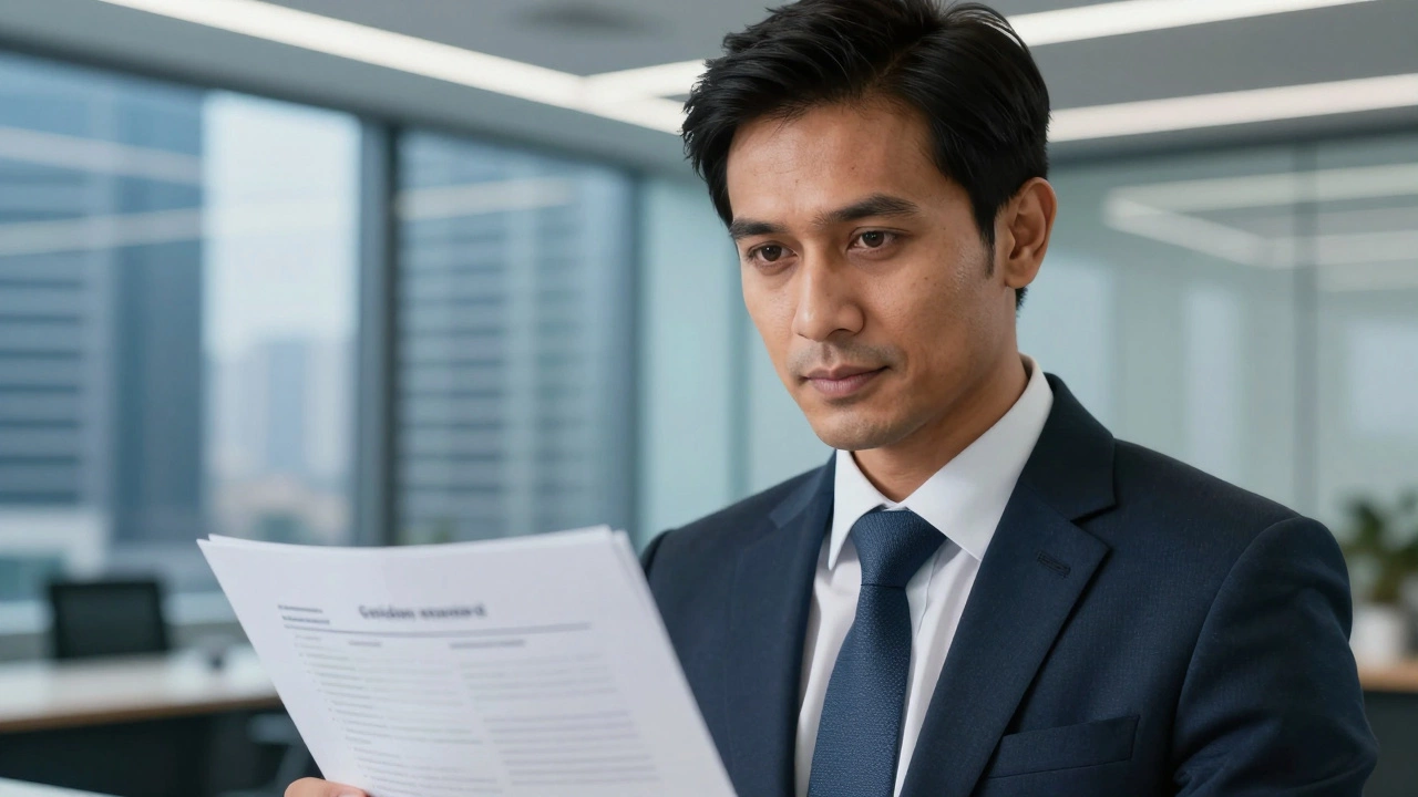 Professional Chartered Accountant reviewing documents in a modern office