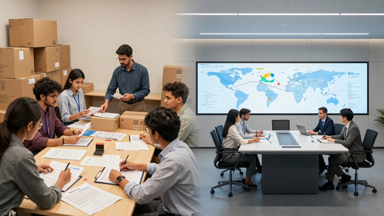 Split view comparing practical trade diploma workshops with corporate MBA classrooms