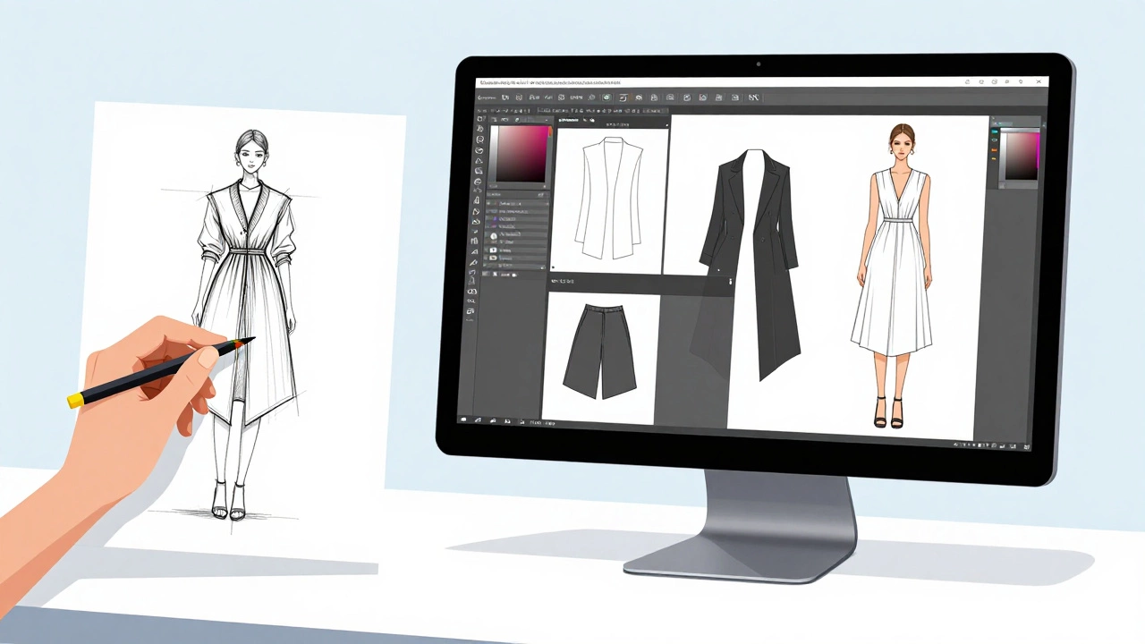Split view of hand sketching and digital 3D fashion design software